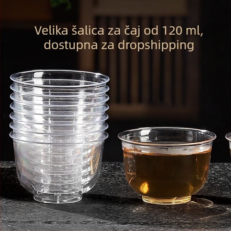 Jednokratne čajne šalice, prozirne, ojačane PS plastike, kružnog oblika, kapacitet 101–200 ml, moguć tisak loga, pojedinačno pakirano
