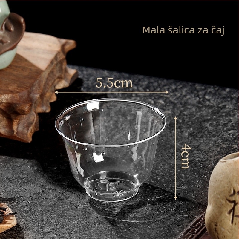 Jednokratne čajne šalice, prozirne, ojačane PS plastike, kružnog oblika, kapacitet 101–200 ml, moguć tisak loga, pojedinačno pakirano