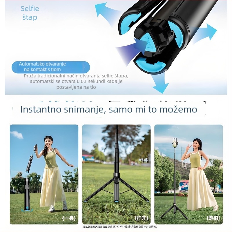Bluetooth selfie štapić tripod za telefon, prijenosni i univerzalni, s daljinskim upravljačem i sustavom stabilizacije