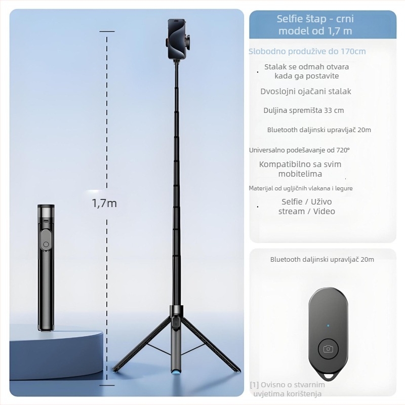 Bluetooth selfie štapić tripod za telefon, prijenosni i univerzalni, s daljinskim upravljačem i sustavom stabilizacije