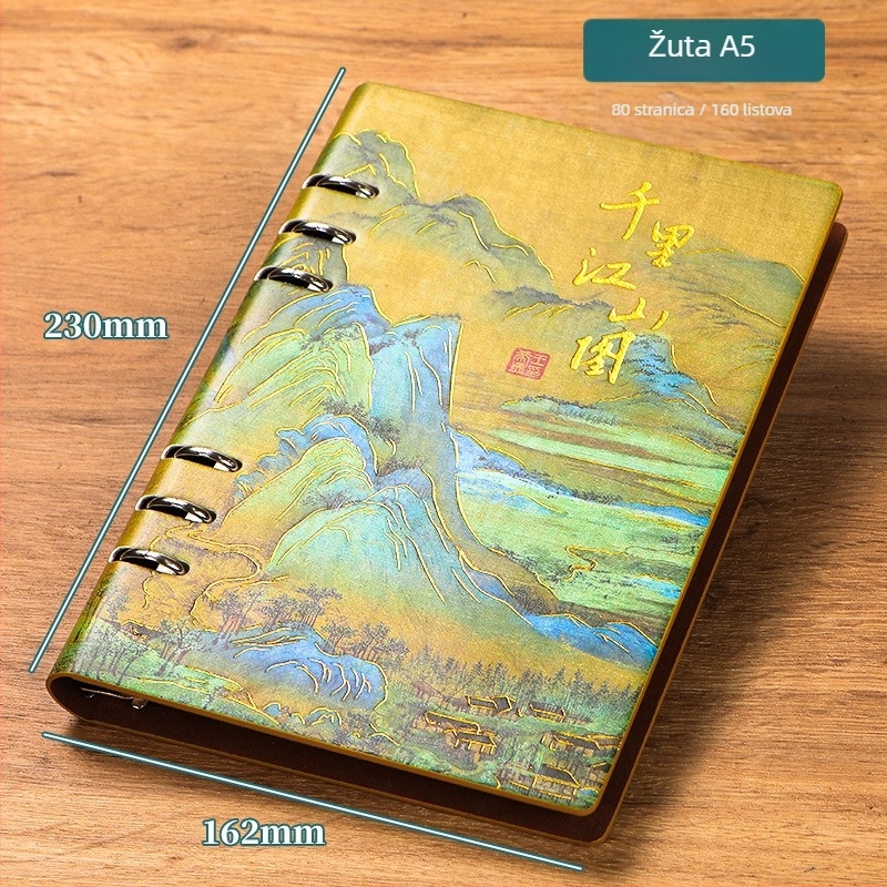 Notes u nacionalnom stilu s ilustracijom Thousand Miles Rivers and Mountains, s rastavljenim listovima, umjetnom kožom, Daolin papir 80 g/m², 100–200 stranica, poslovni uredski stil