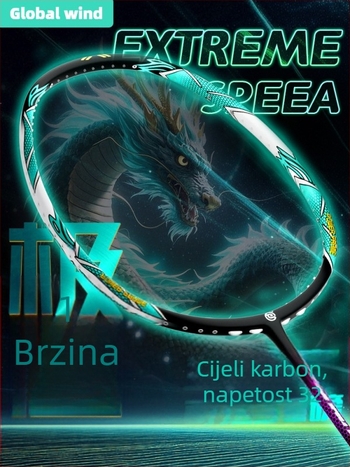 Global Wind badminton reketa, karbonska vlakna, najlonske niti, težina 75–79 g, držač G5, ravna os