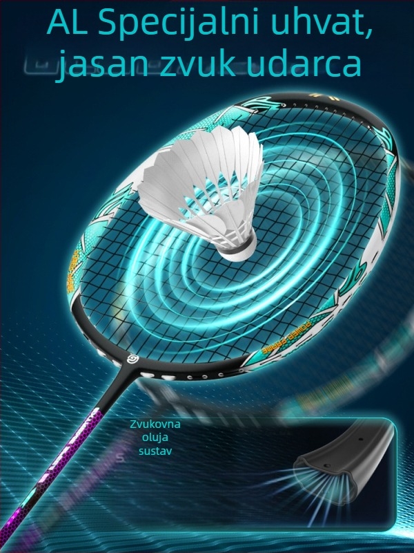 Global Wind badminton reketa, karbonska vlakna, najlonske niti, težina 75–79 g, držač G5, ravna os