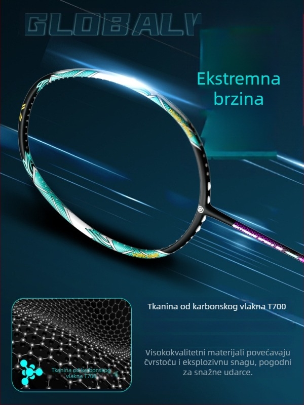 Global Wind badminton reketa, karbonska vlakna, najlonske niti, težina 75–79 g, držač G5, ravna os