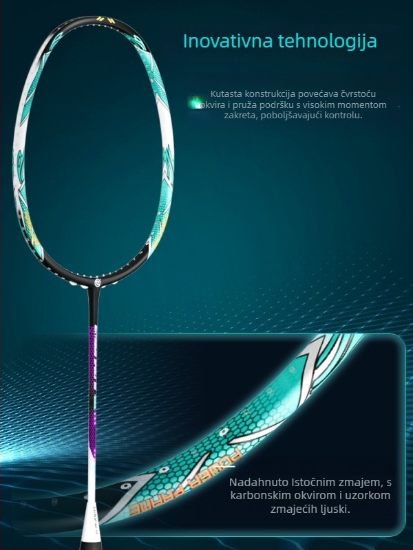 Global Wind badminton reketa, karbonska vlakna, najlonske niti, težina 75–79 g, držač G5, ravna os