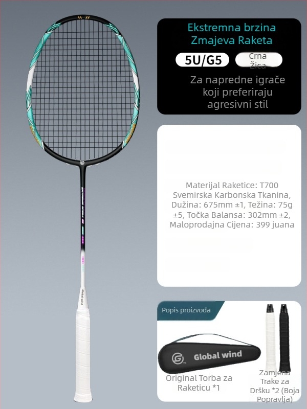 Global Wind badminton reketa, karbonska vlakna, najlonske niti, težina 75–79 g, držač G5, ravna os