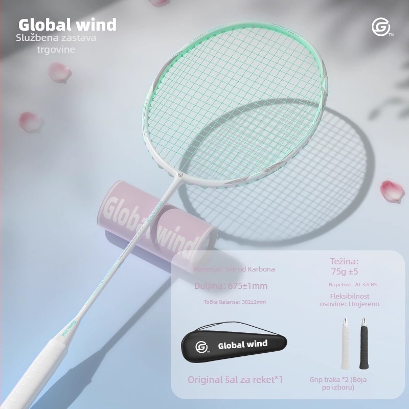 Global Wind badminton reketa, karbonska vlakna, najlonske niti, težina 75–79 g, držač G5, ravna os