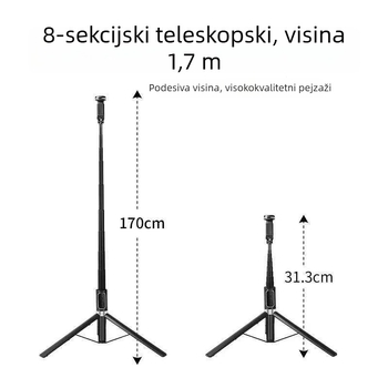 Selfie štap sa stativom i Bluetooth daljinskim upravljačem, aluminijski spoj, teleskop, dopunsko svjetlo, POLAM-FOTO M15