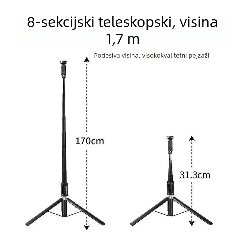 Selfie štap sa stativom i Bluetooth daljinskim upravljačem, aluminijski spoj, teleskop, dopunsko svjetlo, POLAM-FOTO M15