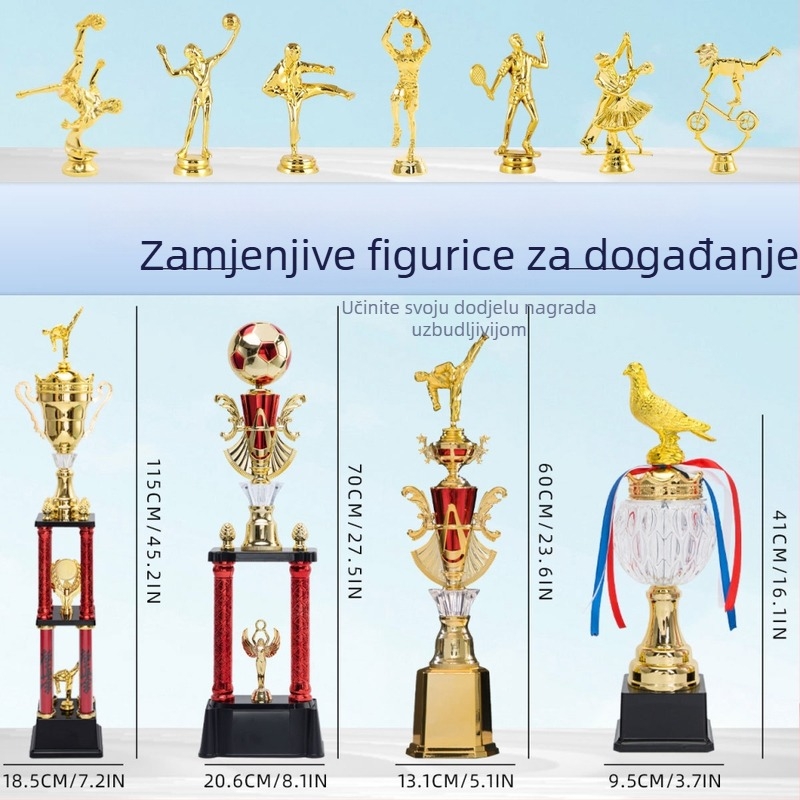Trofeja s tri stupova, plastika visoke kvalitete, mogućnost prilagodbe logotipa, težina 1,51 kg, pogodna za nagrade i prigodne darove