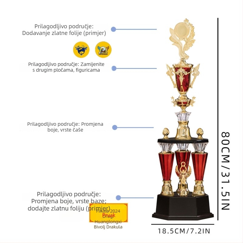 Trofeja s tri stupova, plastika visoke kvalitete, mogućnost prilagodbe logotipa, težina 1,51 kg, pogodna za nagrade i prigodne darove