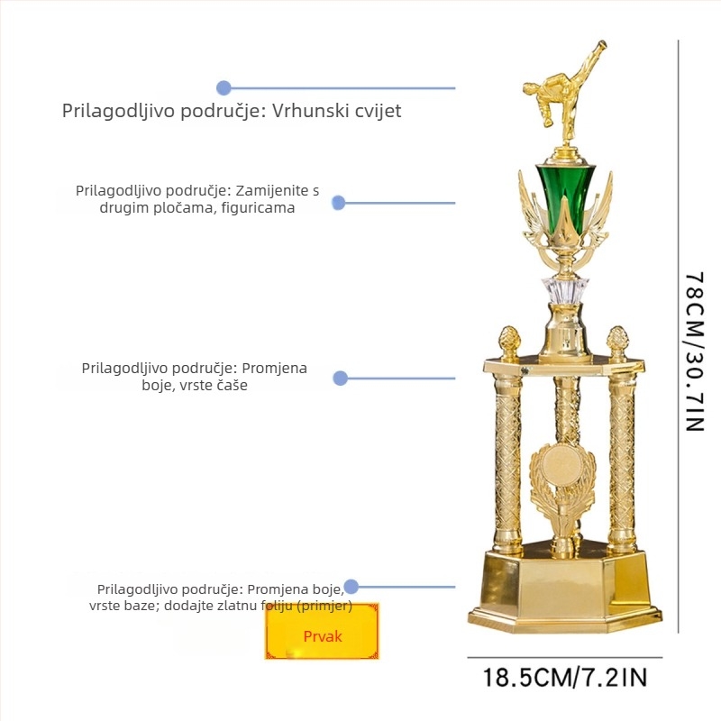 Trofeja s tri stupova, plastika visoke kvalitete, mogućnost prilagodbe logotipa, težina 1,51 kg, pogodna za nagrade i prigodne darove