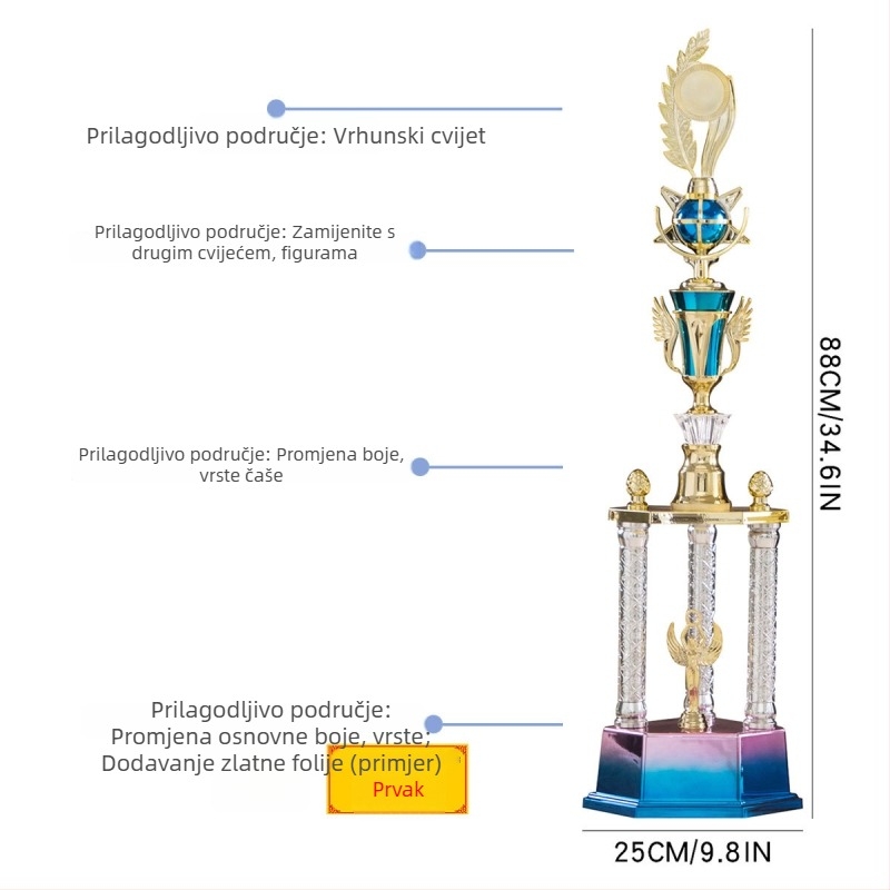 Trofeja s tri stupova, plastika visoke kvalitete, mogućnost prilagodbe logotipa, težina 1,51 kg, pogodna za nagrade i prigodne darove