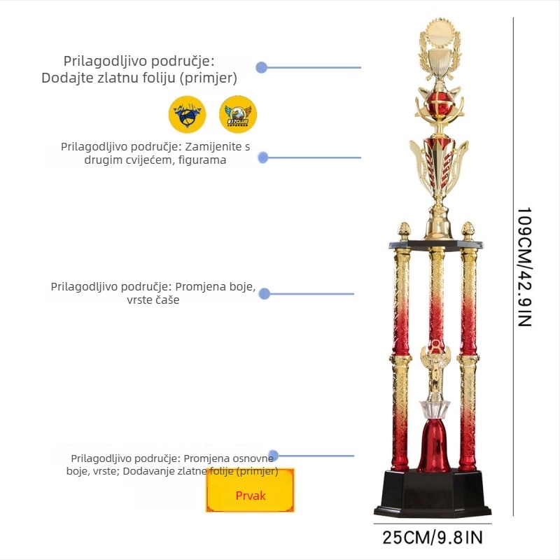 Trofeja s tri stupova, plastika visoke kvalitete, mogućnost prilagodbe logotipa, težina 1,51 kg, pogodna za nagrade i prigodne darove