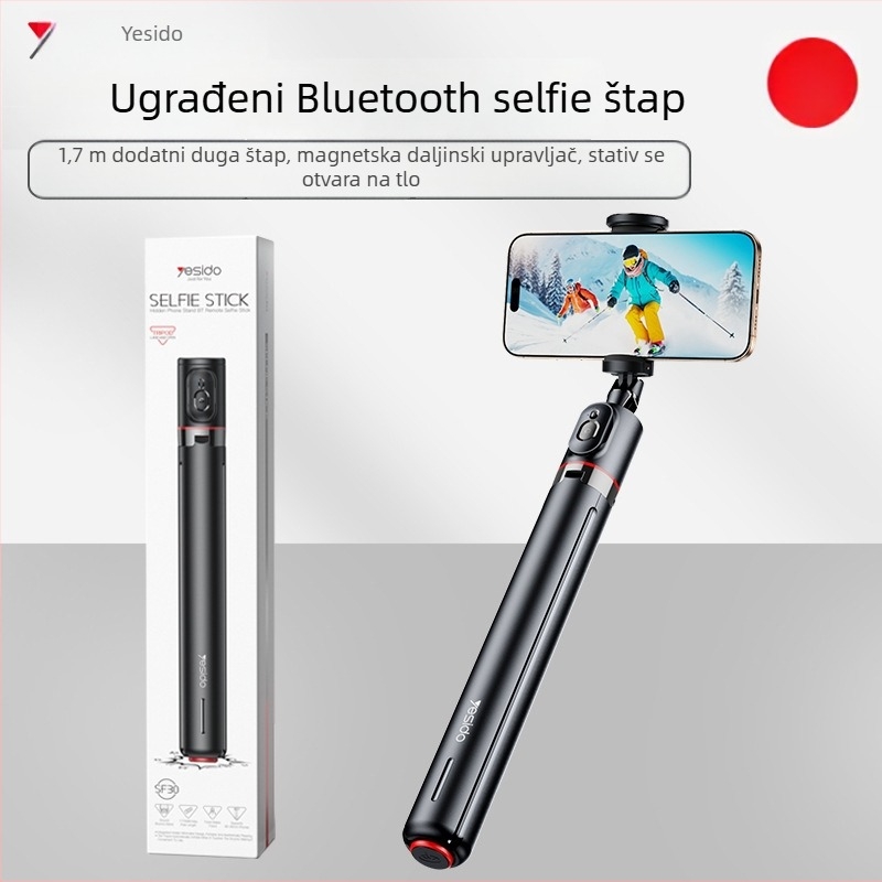 Yesido selfie štapić s integriranim sve-u-jednom tripodom, magnetska držač za telefon, ABS + aluminijska legura, Bluetooth daljinski upravljač, stabilizacija, rasvjetno osvjetljenje za dopunu