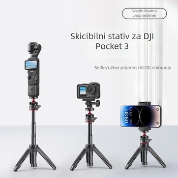 Mini stolni stativ za DJI Pocket 3 — 3‑segmentno teleskopsko produženje, plastično kućište, univerzalni držač za mobitel, bez Bluetooth
