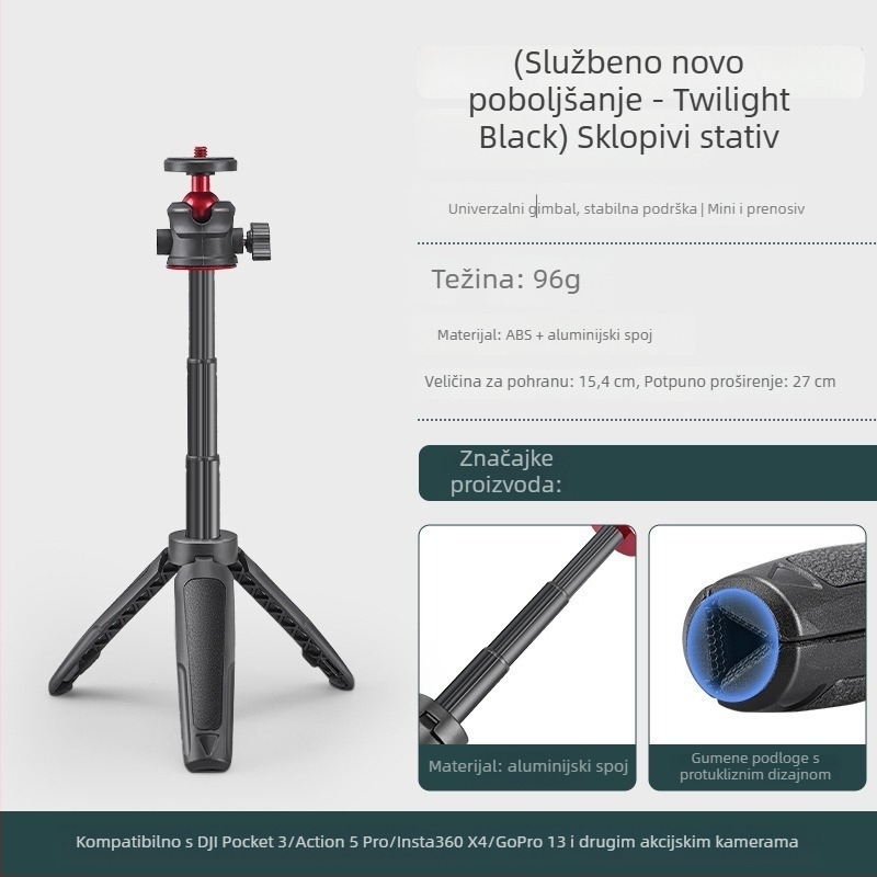 Mini stolni stativ za DJI Pocket 3 — 3‑segmentno teleskopsko produženje, plastično kućište, univerzalni držač za mobitel, bez Bluetooth