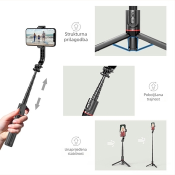 L12 selfie štap s izvlačivim stativom, 360° rotacija, daljinsko upravljanje uključeno, materijal: aluminij / nehrđajući čelik + ABS