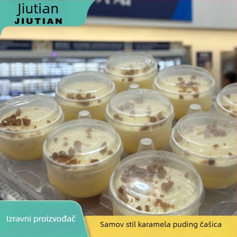 Karamel puding čašica, otporna na visoke temperature jednokratna plastična šalica s poklopcem, uključuje vilicu i žlicu, za pakiranje deserata, PP plast, s logotipom
