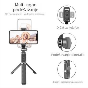Bluetooth selfie štap s integriranim stolnim tripodom – aluminijsko tijelo, daljinski upravljač, rasvjeta za snimanje, Bluetooth, mogućnost prilagodbe
