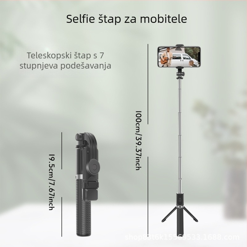 Bluetooth selfie štap s integriranim stolnim tripodom – aluminijsko tijelo, daljinski upravljač, rasvjeta za snimanje, Bluetooth, mogućnost prilagodbe