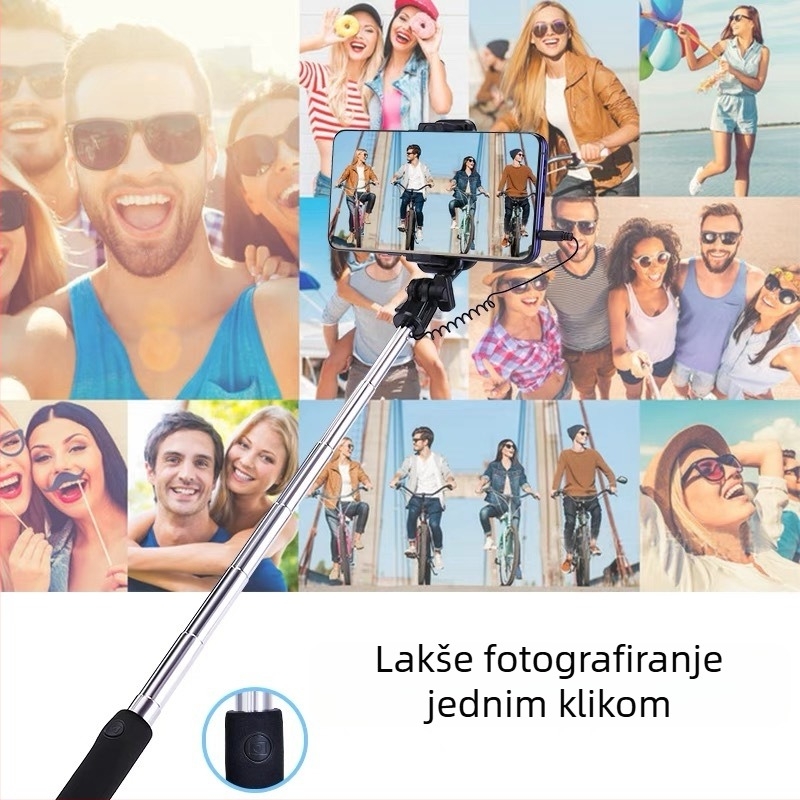 Selfie štap s žičnim daljinskim upravljačem i Bluetoothom, Android kompatibilan, kućište od legure, ugrađena rasvjeta