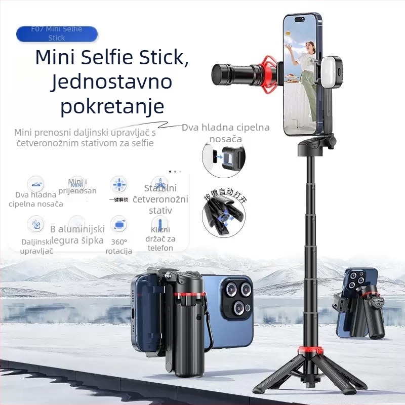 F07 Zoom Mini Selfie Štap s četveronošnim stativom, aluminijska legura, Bluetooth daljinski upravljač, IBIS podrška