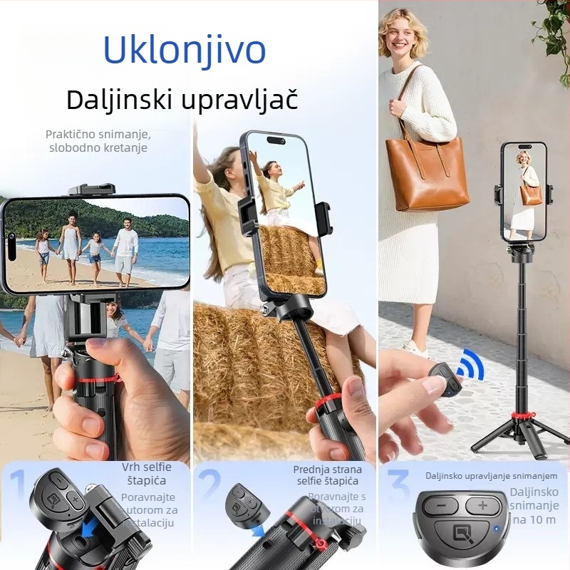 F07 Zoom Mini Selfie Štap s četveronošnim stativom, aluminijska legura, Bluetooth daljinski upravljač, IBIS podrška