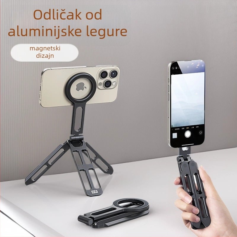Magnetski držač za mobitel od aluminijske legure, univerzalni, sklopivi, s tripodom za prijenos uživo