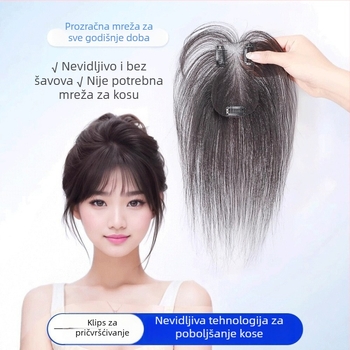 Peruka od pravih ljudskih vlasi za žene, kratka duljina, kratka ravna fringe, fran-cuskog stila fringe, pokriva sijedu kosu na vrhu glave, pahuljast prirodan izgled, može biti bojana ili permana