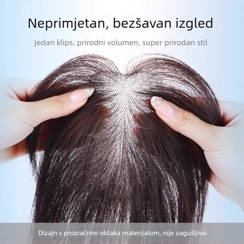 Peruka od pravih ljudskih vlasi za žene, kratka duljina, kratka ravna fringe, fran-cuskog stila fringe, pokriva sijedu kosu na vrhu glave, pahuljast prirodan izgled, može biti bojana ili permana