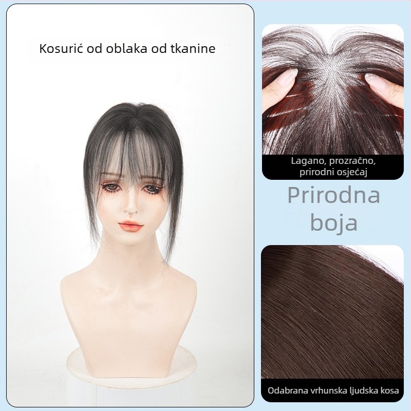 Peruka od pravih ljudskih vlasi za žene, kratka duljina, kratka ravna fringe, fran-cuskog stila fringe, pokriva sijedu kosu na vrhu glave, pahuljast prirodan izgled, može biti bojana ili permana