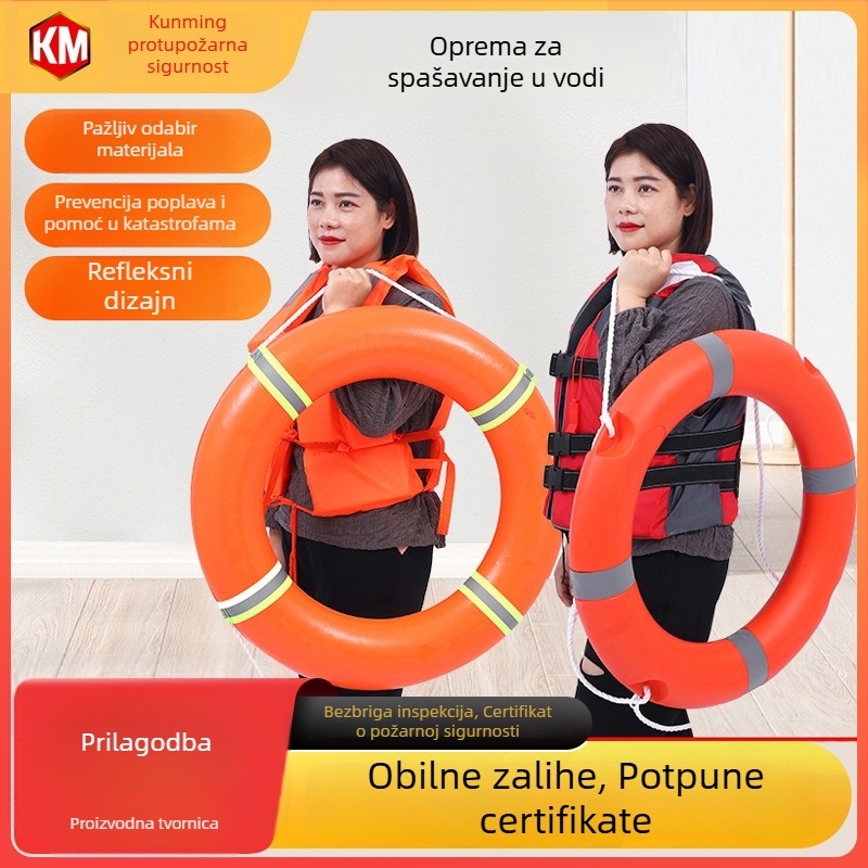 Set opreme za spašavanje na vodi s plutajućim prstenima i prslucima — plastični i pjenasti plutajući prsteni; Yamaha i obični prsluci; Marka Kunming; Model A2; Šifra proizvoda 03