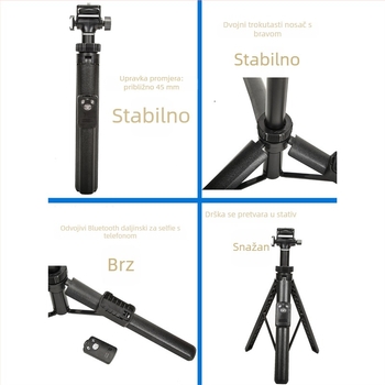 Selfie štap sa stativom – okvir sve-u-jednom, aluminijska legura, model VCT-6688, Bluetooth daljinski upravljač, stabilizacija protiv podrhtavanja