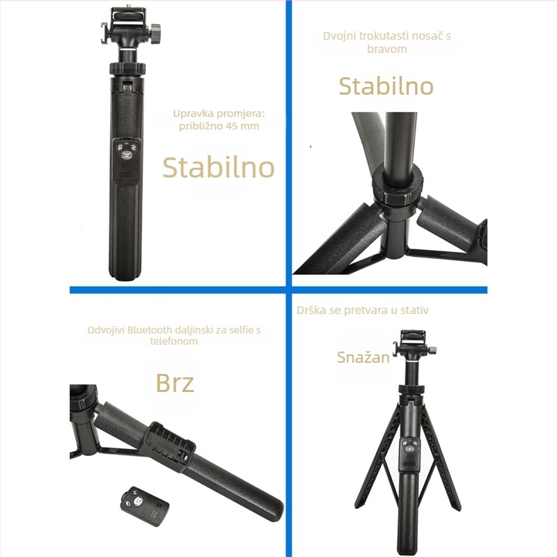 Selfie štap sa stativom – okvir sve-u-jednom, aluminijska legura, model VCT-6688, Bluetooth daljinski upravljač, stabilizacija protiv podrhtavanja