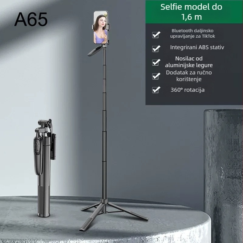 A65 Selfie štap za mobitel s podesivim tripodom i stabilizatorom, daljinsko upravljanje, Bluetooth, aluminij ABS