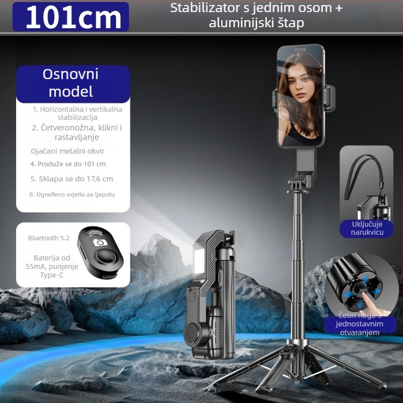 AI pametni ručni stabilizator sa rasvjetom za live emitiranje, izdržljiv držač za telefon od aluminijske legure, Bluetooth daljinski upravljač, stabilizacija slike