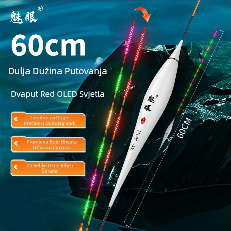 Charming Eyes OLED svijetleći plutac s visokom osjetljivošću, indikator ugriza koji mijenja boju, dnevna i noćna upotreba, elektronički plutac s hodom od 60 mm za šarana i travnog šarana
