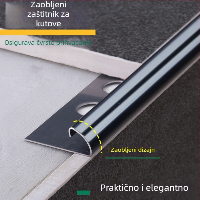 Kutna zaštita pločica od 304 nehrđajućeg čelika, ESR-100, lukasti rub, ugrađeni rubni profil, moderan minimalistički stil