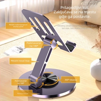 Stolni držač za telefone i tablete, univerzalni, od karbonskog čelika, 360° rotacija, sklopiv