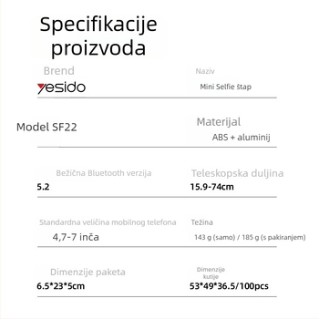 Yesido Selfie štap tripod od nehrđajućeg čelika s Bluetooth daljinskim upravljačem