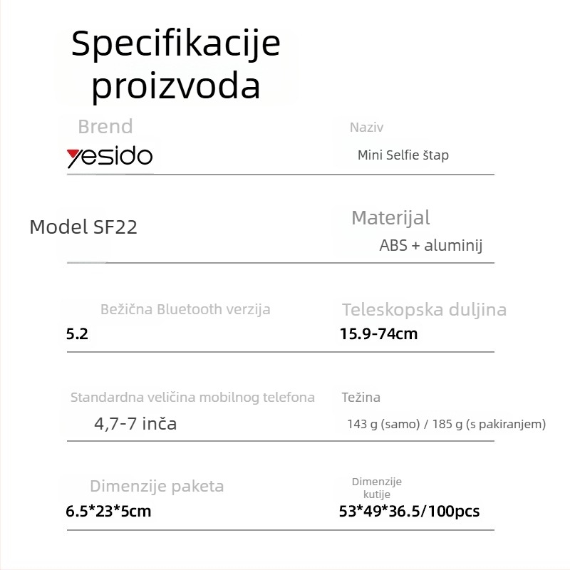 Yesido Selfie štap tripod od nehrđajućeg čelika s Bluetooth daljinskim upravljačem