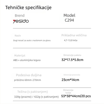 yesido Držač za telefon na stražnjem naslonjaču automobila s teleskopskim ramenom – universalni clip-on nosač za tablet i telefon