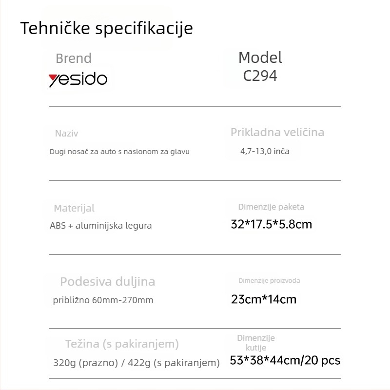 yesido Držač za telefon na stražnjem naslonjaču automobila s teleskopskim ramenom – universalni clip-on nosač za tablet i telefon