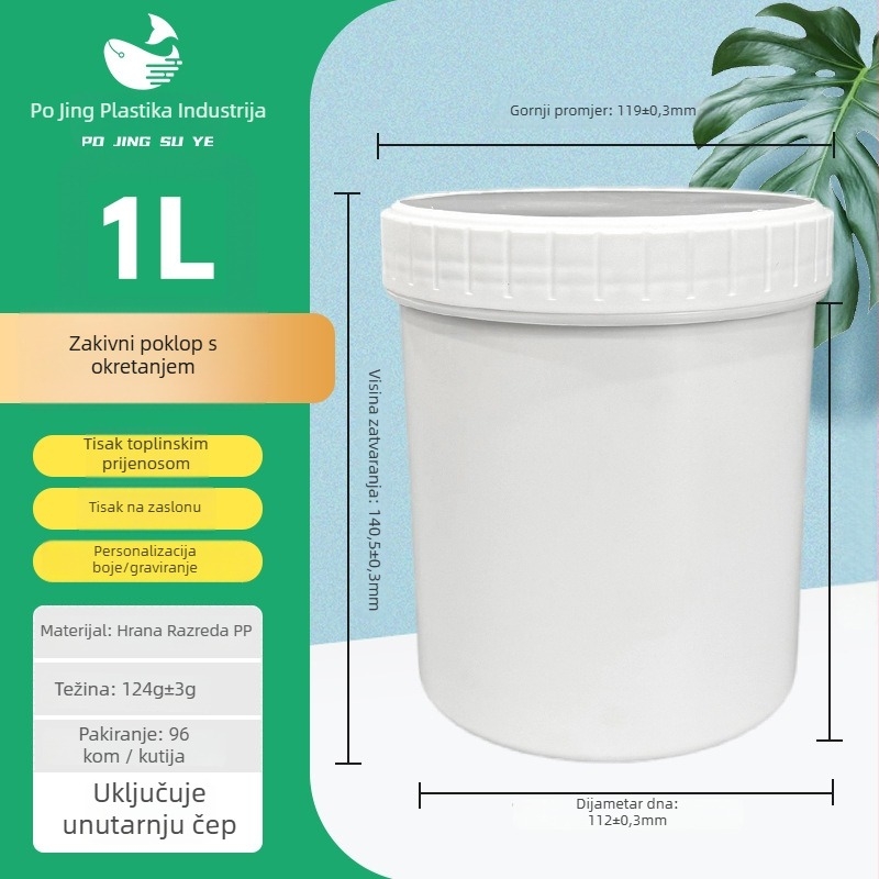 1L okrugla cilindrična plastična staklenka, HDPE, širokog otvora, s poklopcem, prehrambena kvaliteta