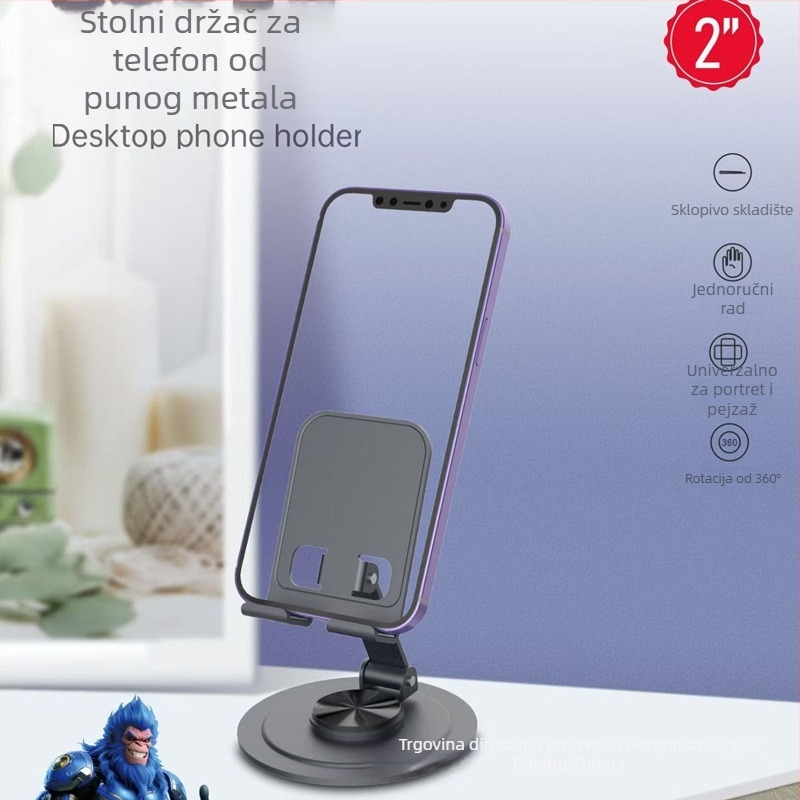 Metalni stolni držač za telefon, sklopivi, 360° rotirajući, kompaktan, univerzalan