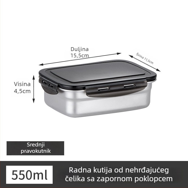 Posuda za ručak od nehrđajućeg čelika, izolirana, pravokutnog oblika, zatvorena poklopcem, prehrambena kvaliteta
