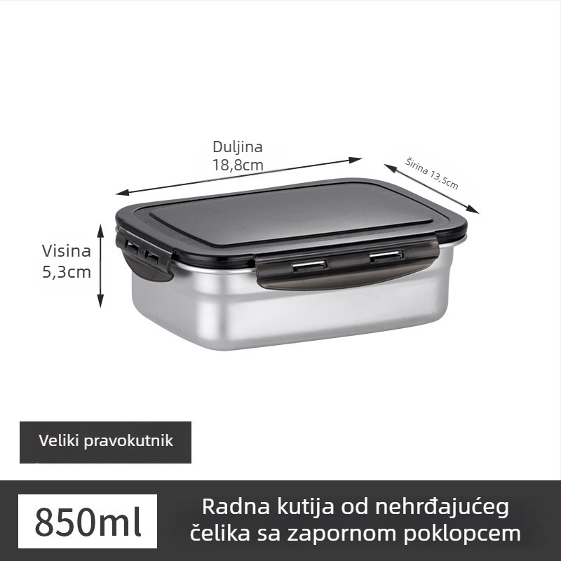 Posuda za ručak od nehrđajućeg čelika, izolirana, pravokutnog oblika, zatvorena poklopcem, prehrambena kvaliteta