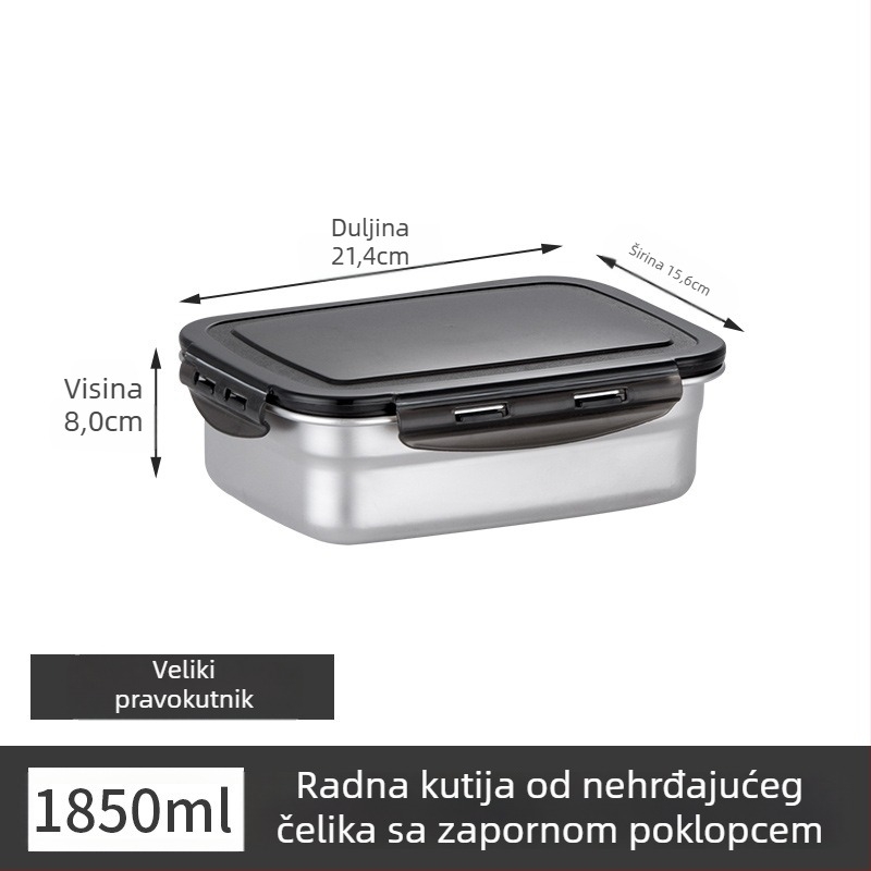 Posuda za ručak od nehrđajućeg čelika, izolirana, pravokutnog oblika, zatvorena poklopcem, prehrambena kvaliteta