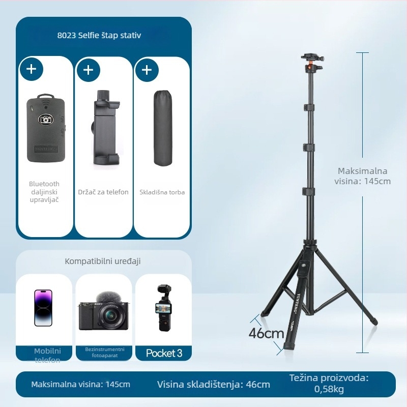 Yunteng 8023 Aluminijski selfie stick i tripod za telefon i bezoglednu kameru, Bluetooth daljinsko upravljanje i stabilizacija slike